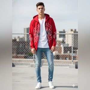 SHEIN Red Hoodie with White Web Design